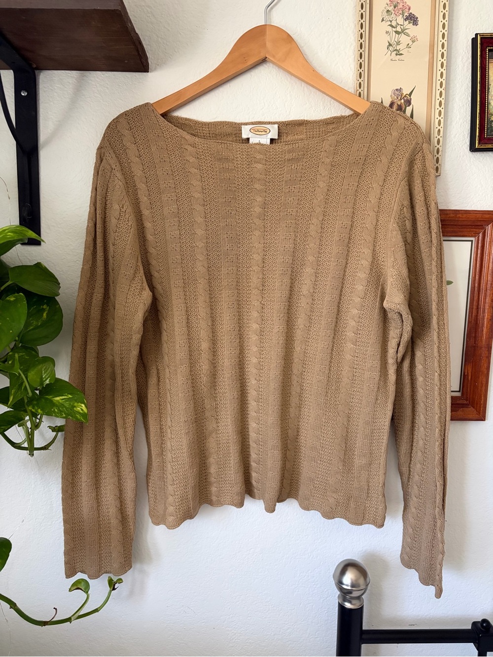 Vintage Talbots Silk Cashmere Cable Knit Pullover Sweater - Tan - L